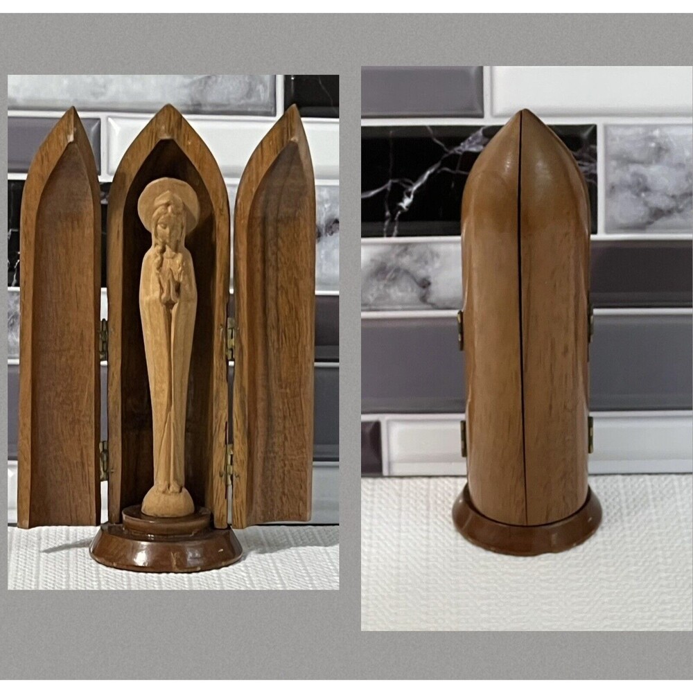 Blessed Virgin Mary Wood Carving 3-D Encased Hinged Capsule Made in Italy